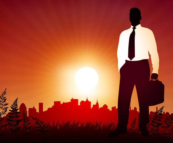 Homme d'affaires sur fond de coucher de soleil avec skyline — Image vectorielle