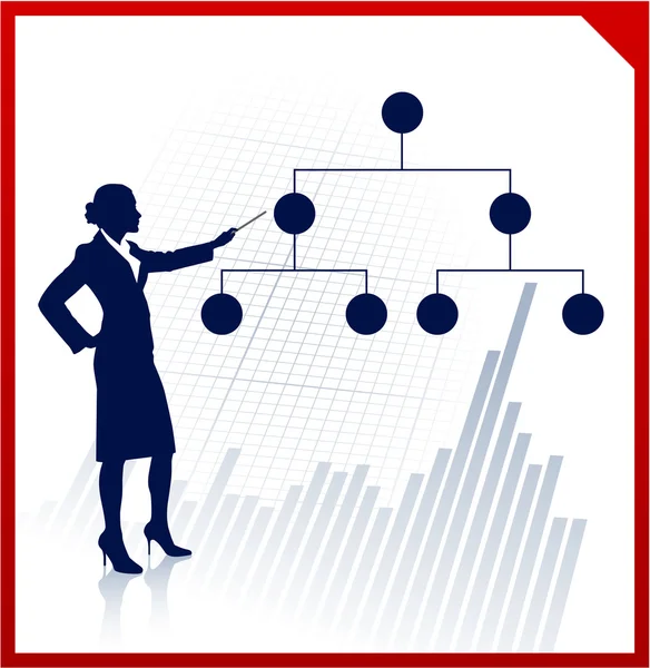 Mujer de negocios en segundo plano con diagrama de estructura financiera — Archivo Imágenes Vectoriales
