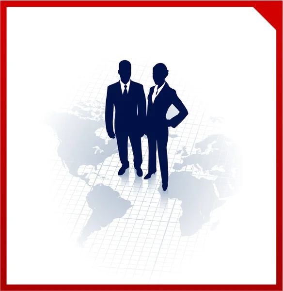 Business team silhouettes on corporate world map background — Stock Vector
