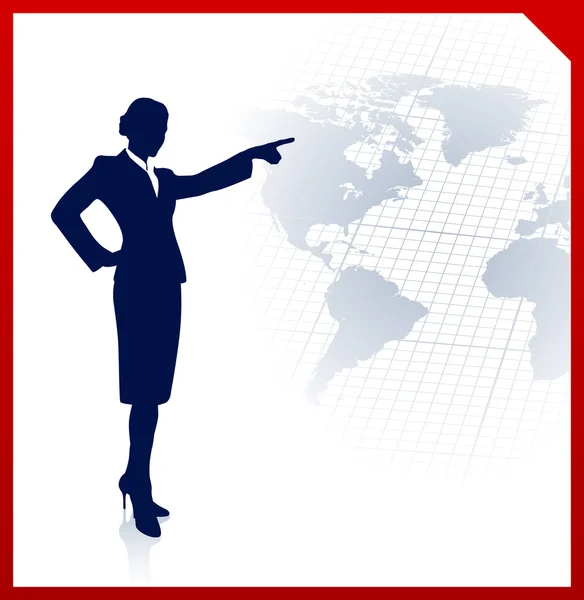 Mujer de negocios con fondo de mapa del mundo — Vector de stock