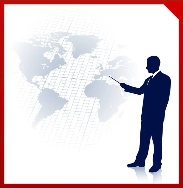 Jeune homme d'affaires pointant vers la carte du monde — Image vectorielle