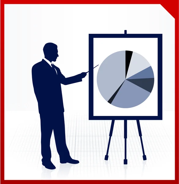 Hombre de negocios en segundo plano con gráfico de pastel financiero — Vector de stock