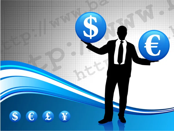 Young business man silhouette with currency symbols — Stock Vector