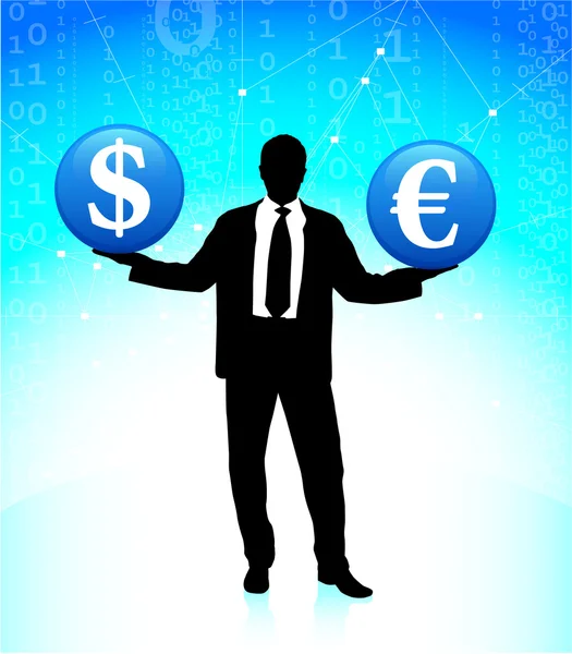 Fiatal üzletember a pénznemek szimbólumai — Stock Vector