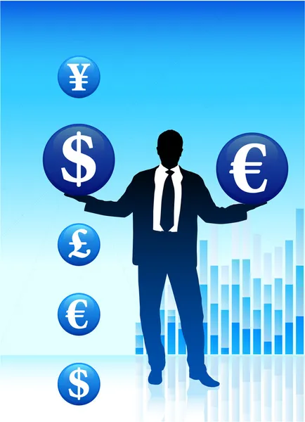 Young business man with currency symbols — Stock Vector