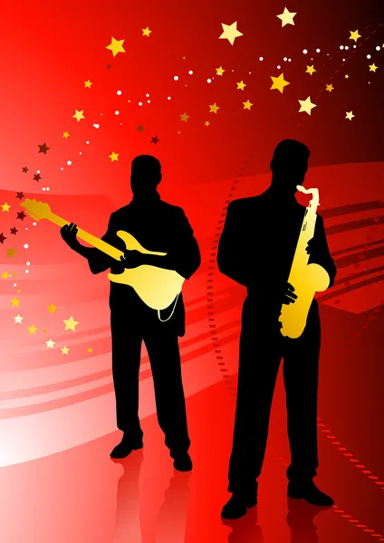 Live band on abstract red background — Stock Vector