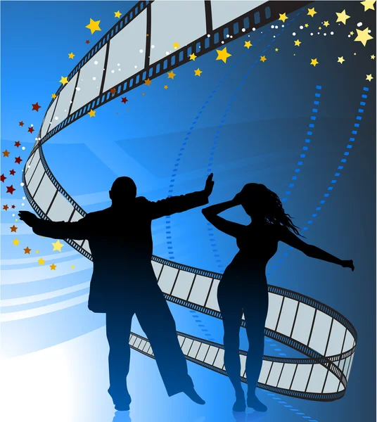フィルム ストリップの背景の上で踊っているセクシーな若いカップル — ストックベクタ