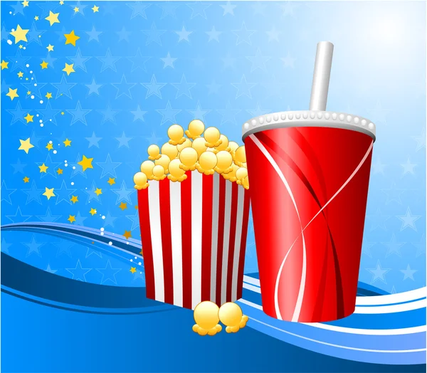 Popcorn et tasse de soda sur fond de film — Image vectorielle