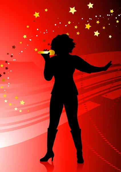 Female singer on abstract red background with stars — Stock Vector