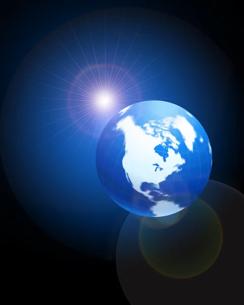 Globe sur fond bleu brillant avec fusée éclairante — Image vectorielle