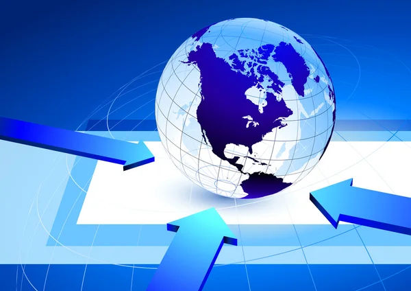Globus auf blauem Internet-Hintergrund mit Pfeilen — Stockvektor