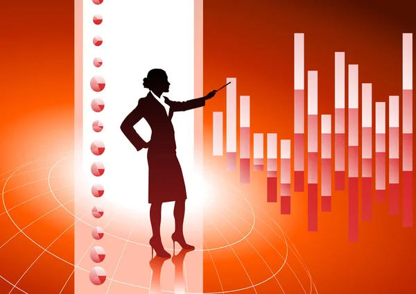 Femme d'affaires en arrière-plan avec des tableaux financiers — Image vectorielle