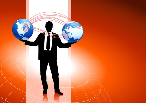 Бизнесмен, держащий в руках глобусы интернет-фон — стоковый вектор