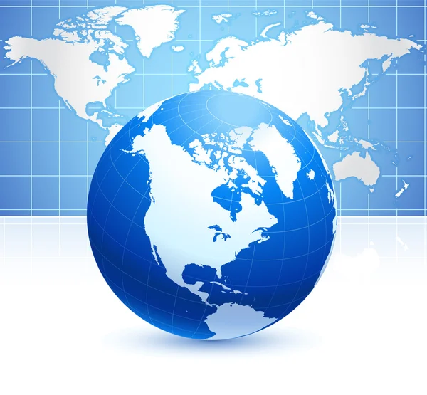 Globo su sfondo blu con mappa del mondo — Vettoriale Stock