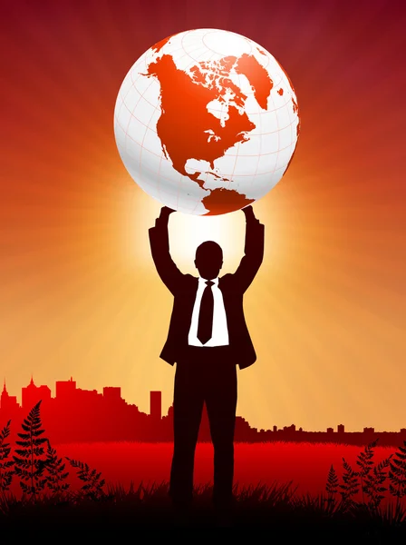 Businessman holding up globe on sunset background — Stock Vector