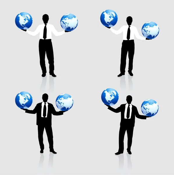 Jeune homme d'affaires avec des silhouettes globe — Image vectorielle