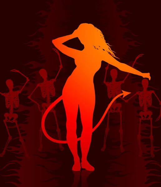 Διάβολος σέξι γυναίκα σε σκούρο φόντο Διαδίκτυο με σκελετούς — Διανυσματικό Αρχείο