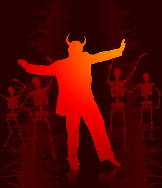 Homme diabolique dansant avec des squelettes en arrière-plan — Image vectorielle