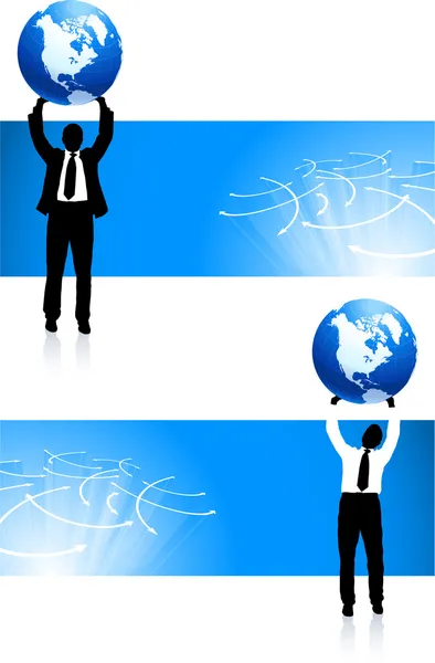 Homme d'affaires tenant fond bleu globe — Image vectorielle