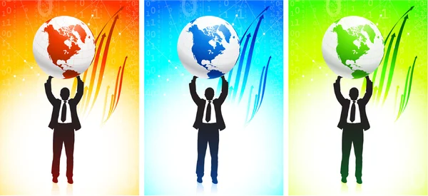 Business man holding globe on vibrant background — Stock Vector