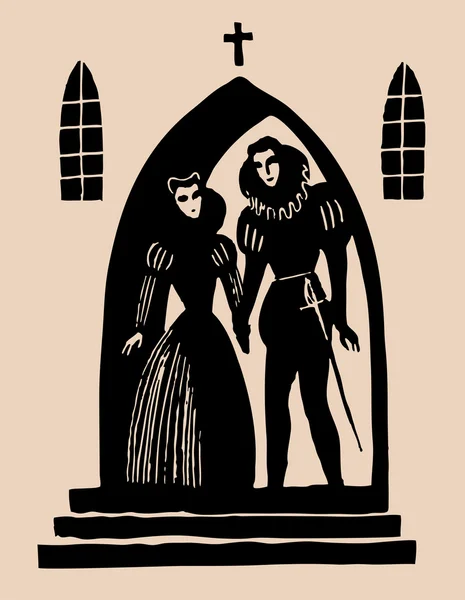 Romeo And Juliet secret alter etching — Stock Vector