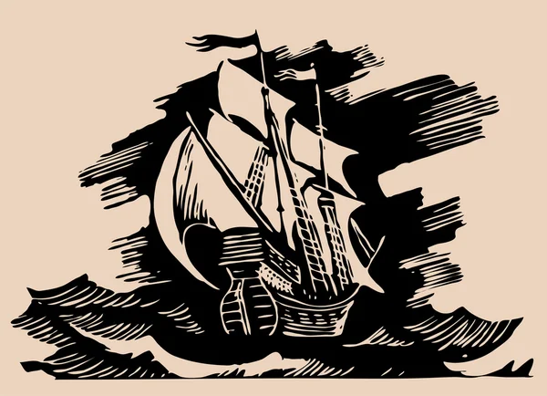 Sail ship etching — Stock Vector