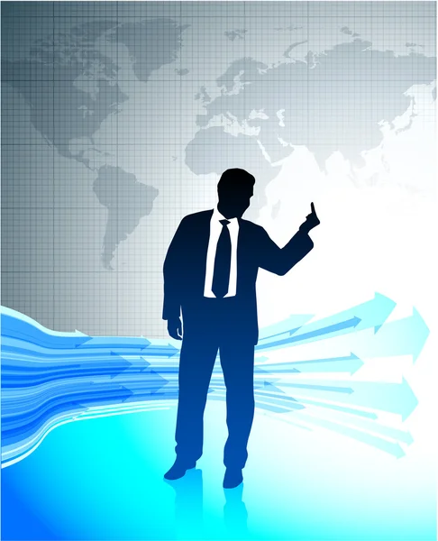 Jeune homme d'affaires tenant le majeur sur fond de carte du monde — Image vectorielle