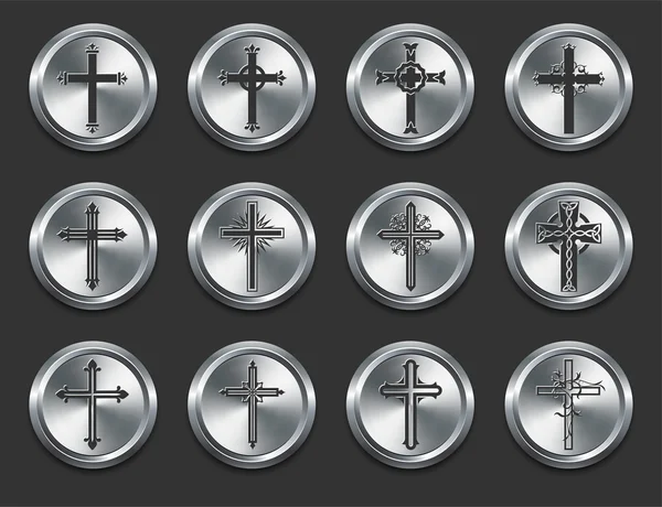 金属のインターネット ボタンの宗教的な十字アイコン — ストックベクタ