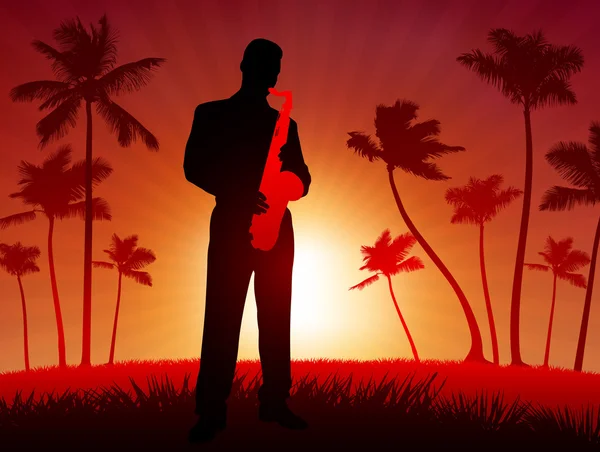 Sassofonista dal vivo su sfondo rosso tropicale — Vettoriale Stock