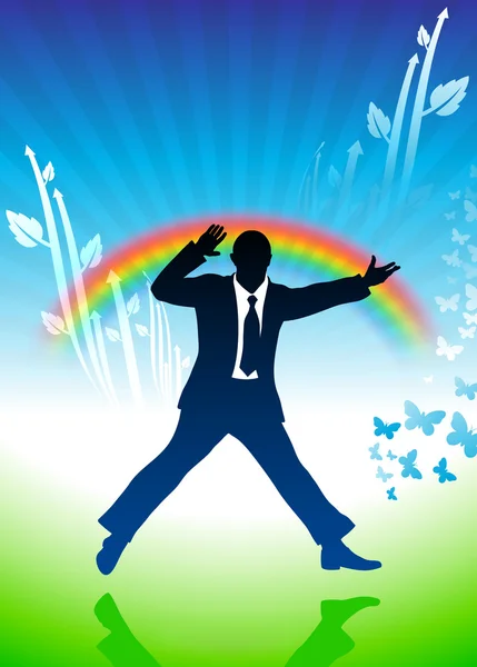 Emocionado hombre de negocios saltando sobre el fondo del arco iris — Archivo Imágenes Vectoriales
