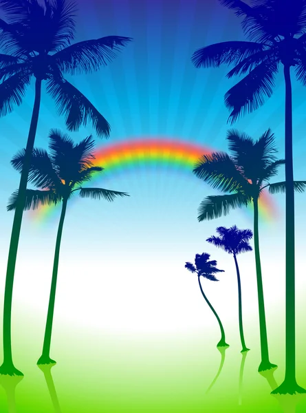 Palm trees on green internet background with rainbow — Stock Vector