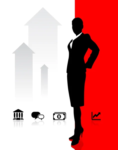 Деловая женщина на фоне с банковскими и финансовыми иконами — стоковый вектор
