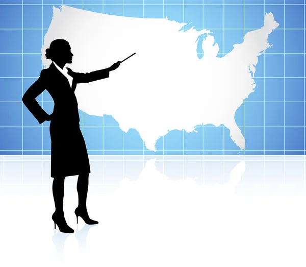 Young businesswoman pointing at world map — Stock Vector