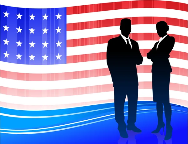Équipe d'affaires sur fond de drapeau patriotique américain — Image vectorielle
