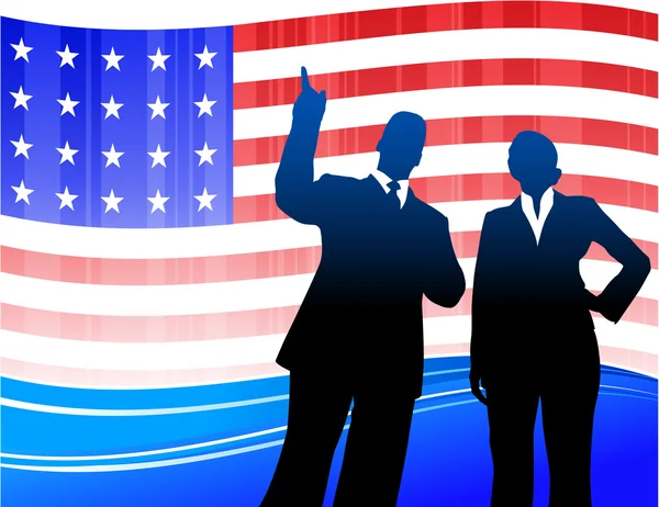 Equipe de negócios no fundo Patriotic American Flag —  Vetores de Stock