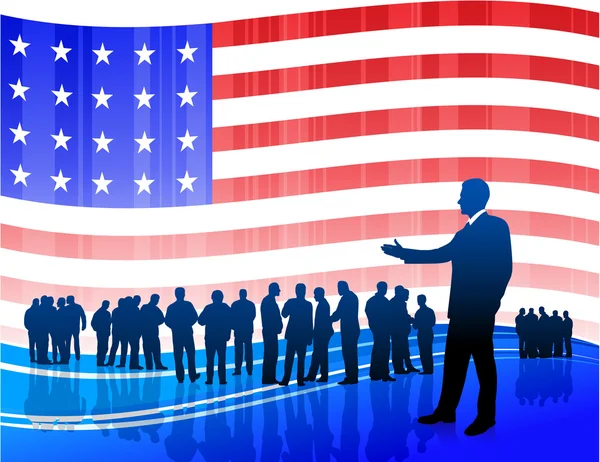 Homme d'affaires sur fond de drapeau patriotique américain — Image vectorielle