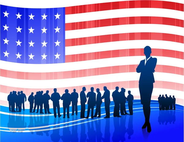 Επιχειρηματίας σε φόντο πατριωτικό αμερικανική σημαία — Διανυσματικό Αρχείο
