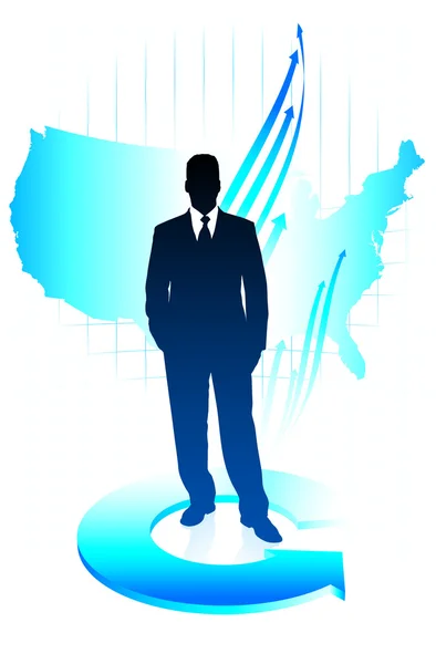 Young business man on US map background — Stock Vector