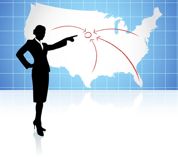 Joven empresaria apuntando al mapa de EE.UU. — Archivo Imágenes Vectoriales