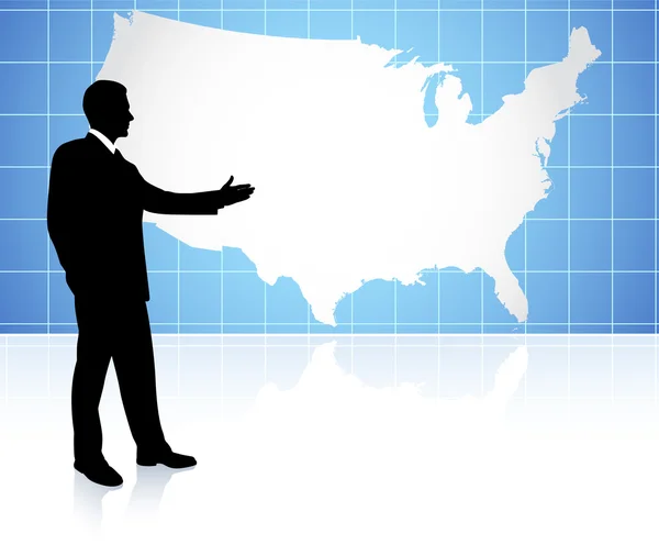 Empresário no fundo do mapa dos EUA — Vetor de Stock