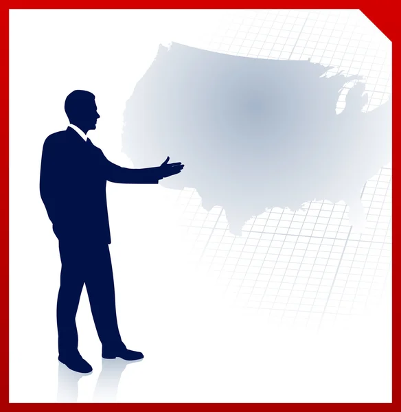 Businessman presenta Stati Uniti d'America mappa — Vettoriale Stock