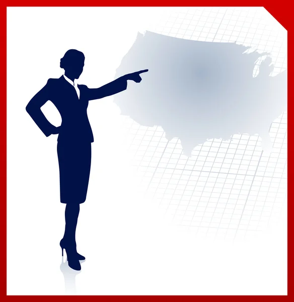 Business woman pointing to USA map — Stock Vector