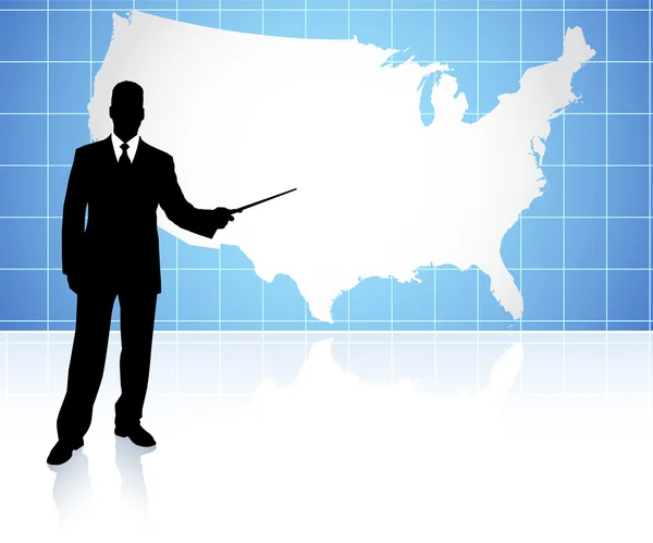 Biznesmen prezentuje Stany Zjednoczone amrica mapy — Wektor stockowy