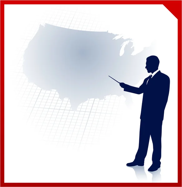 Επιχειρηματίας, παρουσιάζοντας τις Ηνωμένες Πολιτείες της amrica χάρτη — Διανυσματικό Αρχείο