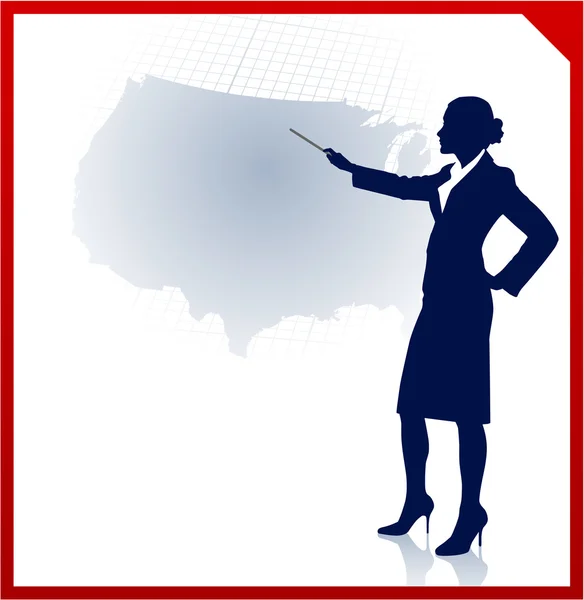 ABD haritaya işaret eden genç iş kadını — Stok Vektör