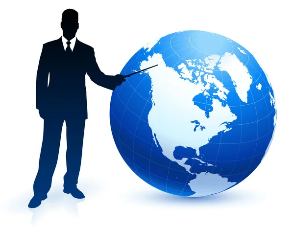 Businessman pointing at globe — Stock Vector