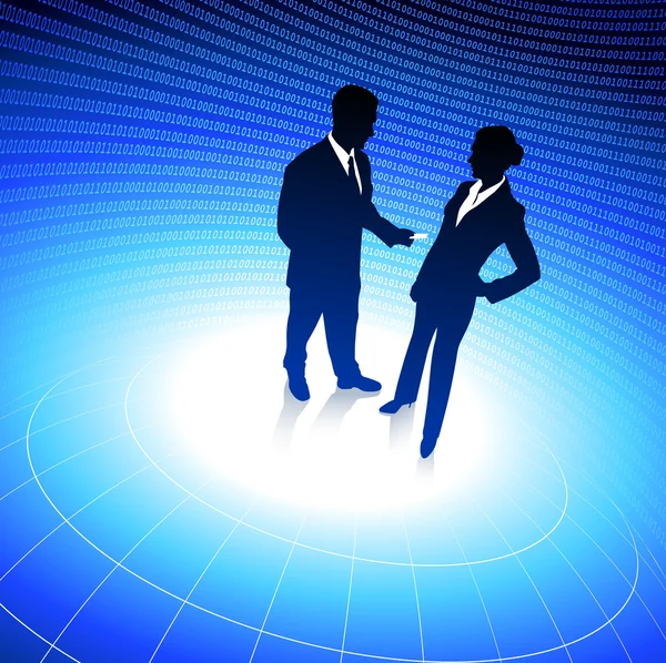 Uomo d'affari e donna d'affari sfondo internet blu con bina — Vettoriale Stock