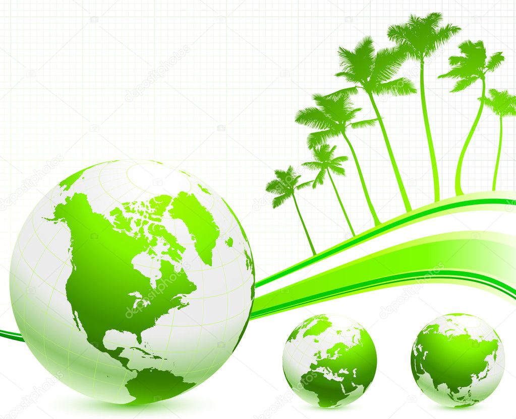 green globes on internet background with palm trees
