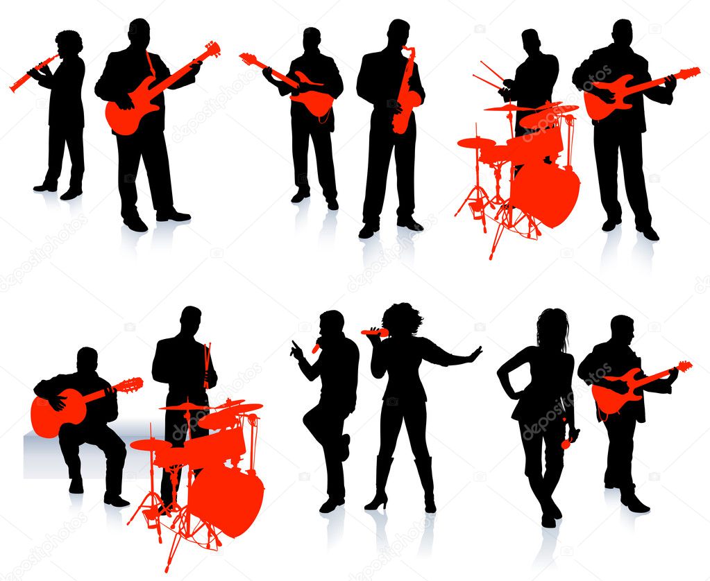 Music group with singers and instruments on white background