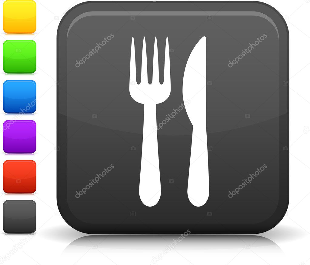 knife and fork icon on square internet button